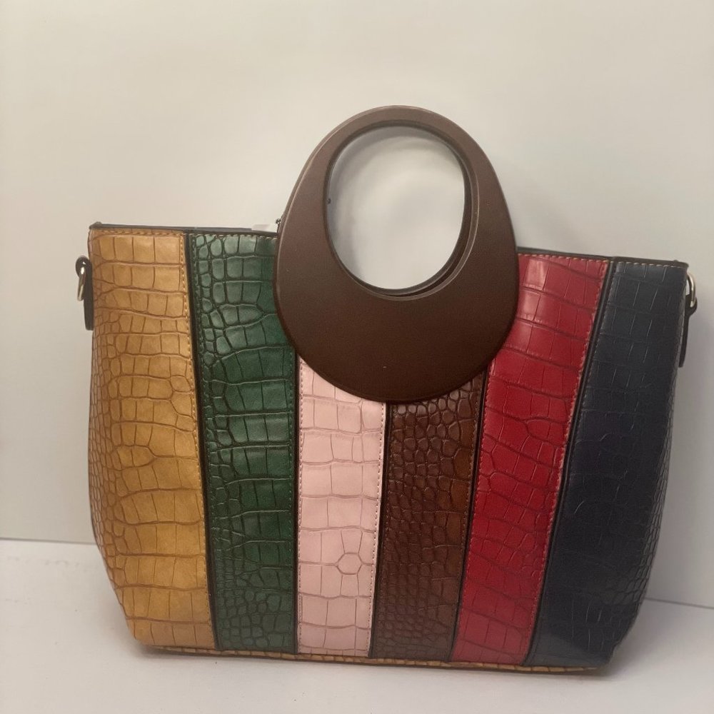 Diophy Wooden  Handle Multi-Color Handbag
